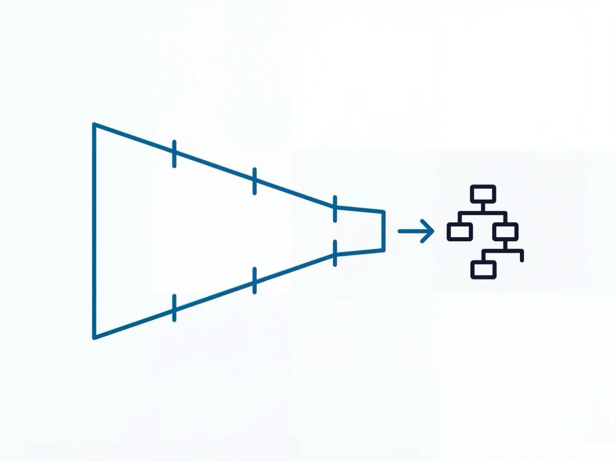 Diagram of a narrowing funnel passing through four gates and handing off into a project icon, representing e-CRM/e-Bid.