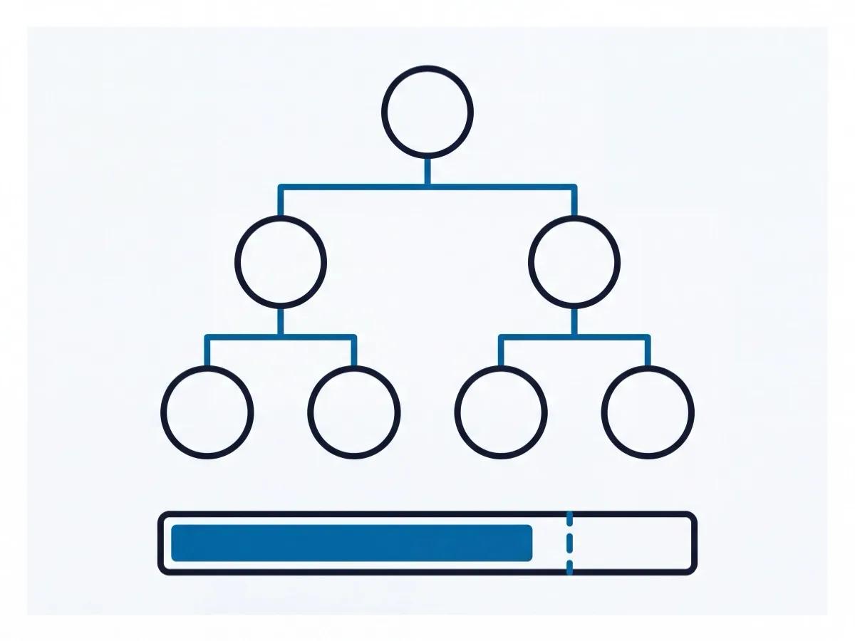 Diagram of a work-breakdown-structure tree above a progress bar comparing planned and actual completion, representing e-PMS.