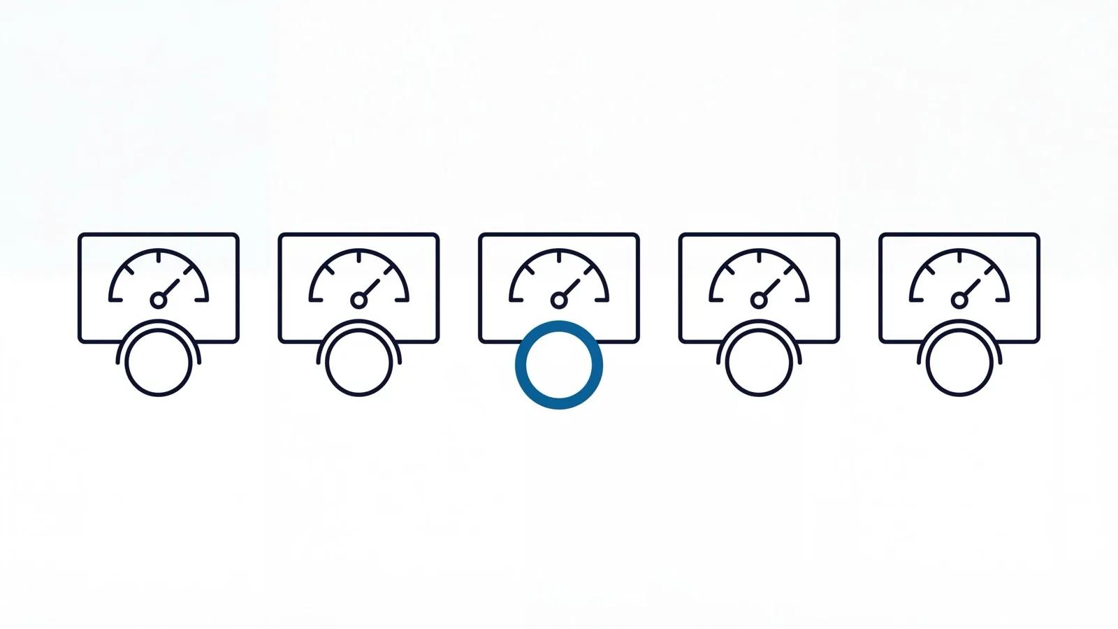 Diagram of a row of instrument icons each with a calibration ring, one highlighted, representing the testing-laboratories solution.