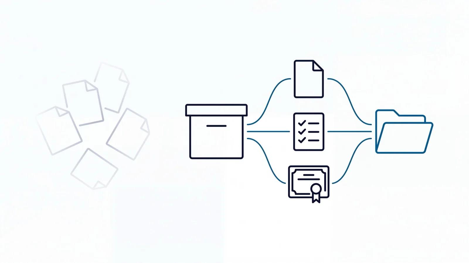 Diagram of evidence icons converging from one archive into an organized folder, with a faded scattered-paper cluster in the background.