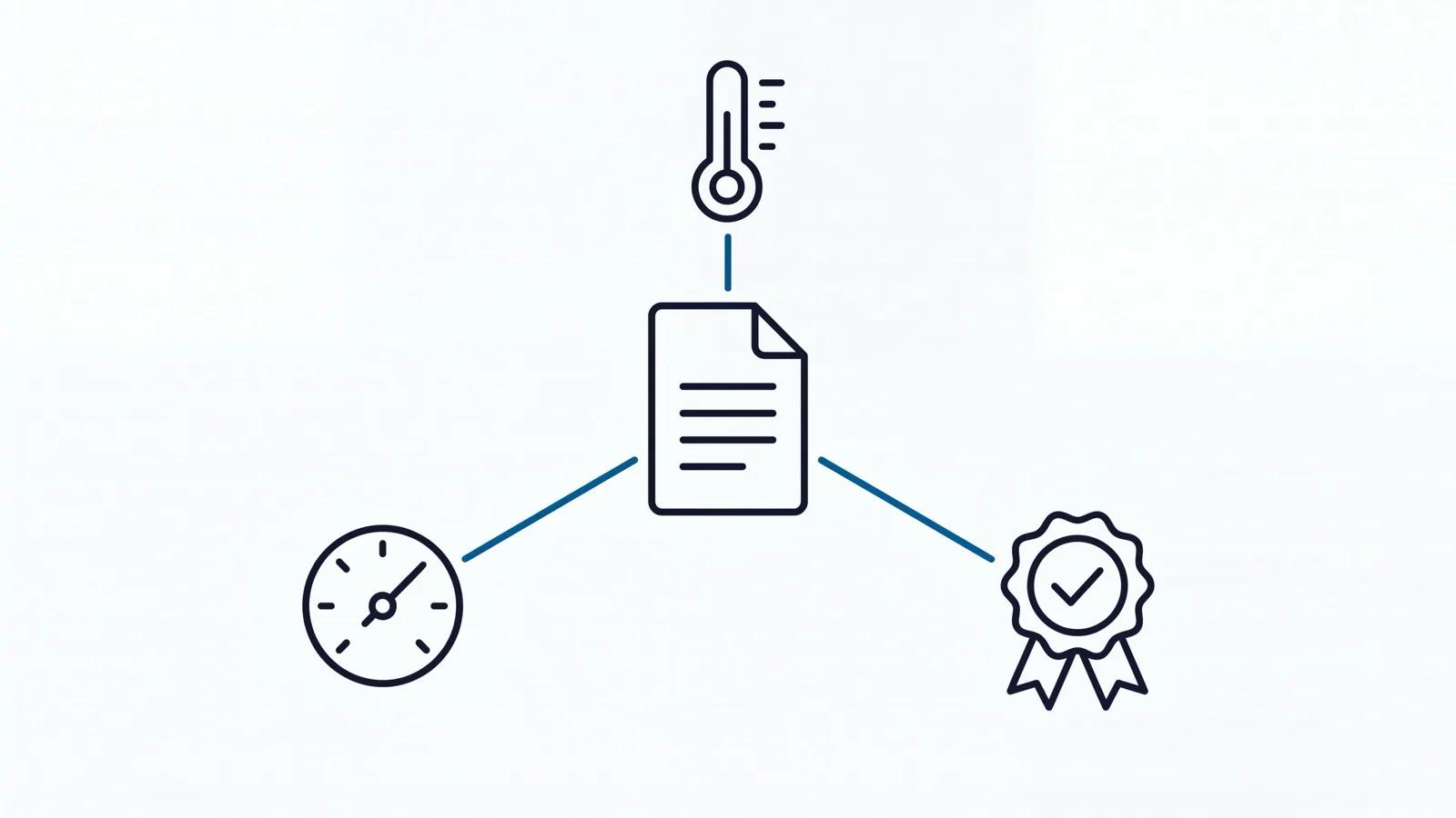 Diagram of a document linked to calibration, accreditation, and lab-conditions icons.