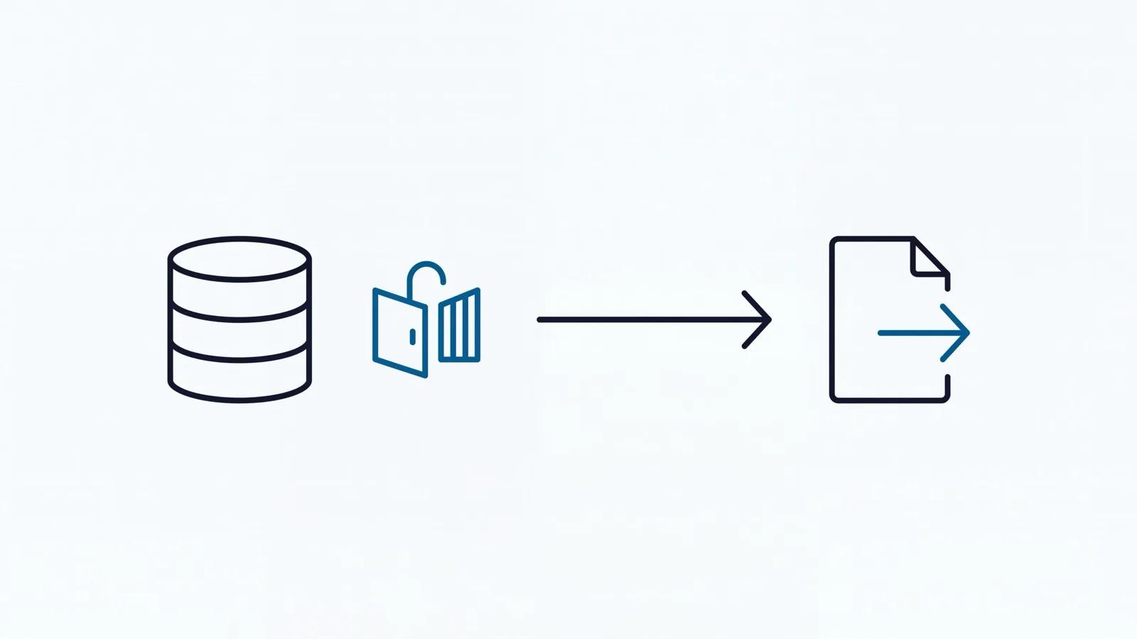 Diagram of a database with an open gate and an outbound arrow to an export icon, representing data portability.