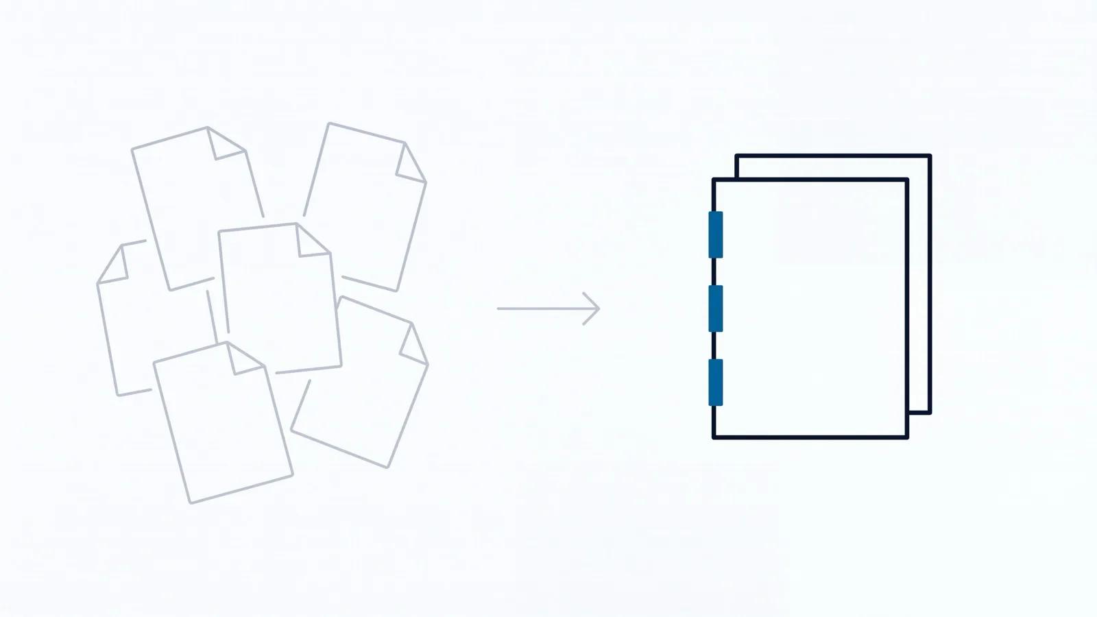 Diagram contrasting a scattered pile of identical documents with one ordered, version-tracked document stack.