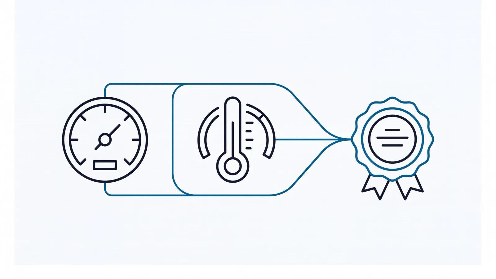 Diagram of a calibration instrument and a conditions gauge both feeding into an accreditation seal, representing ISO/IEC 17025 readiness.