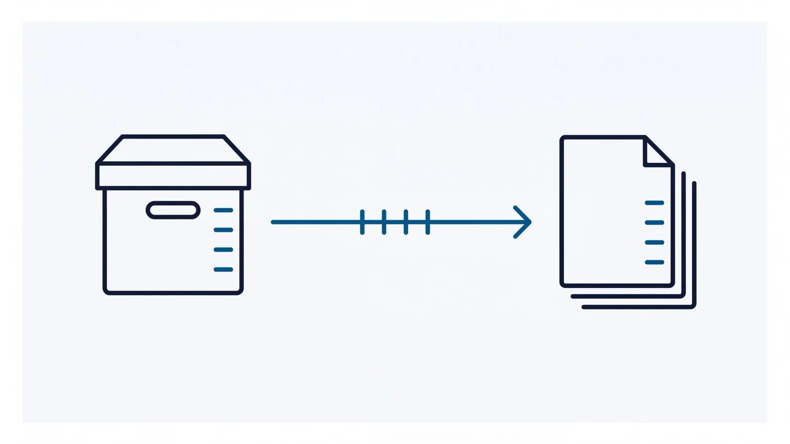 Diagram of a version-history spine transferring intact from an old archive box to a new document stack.