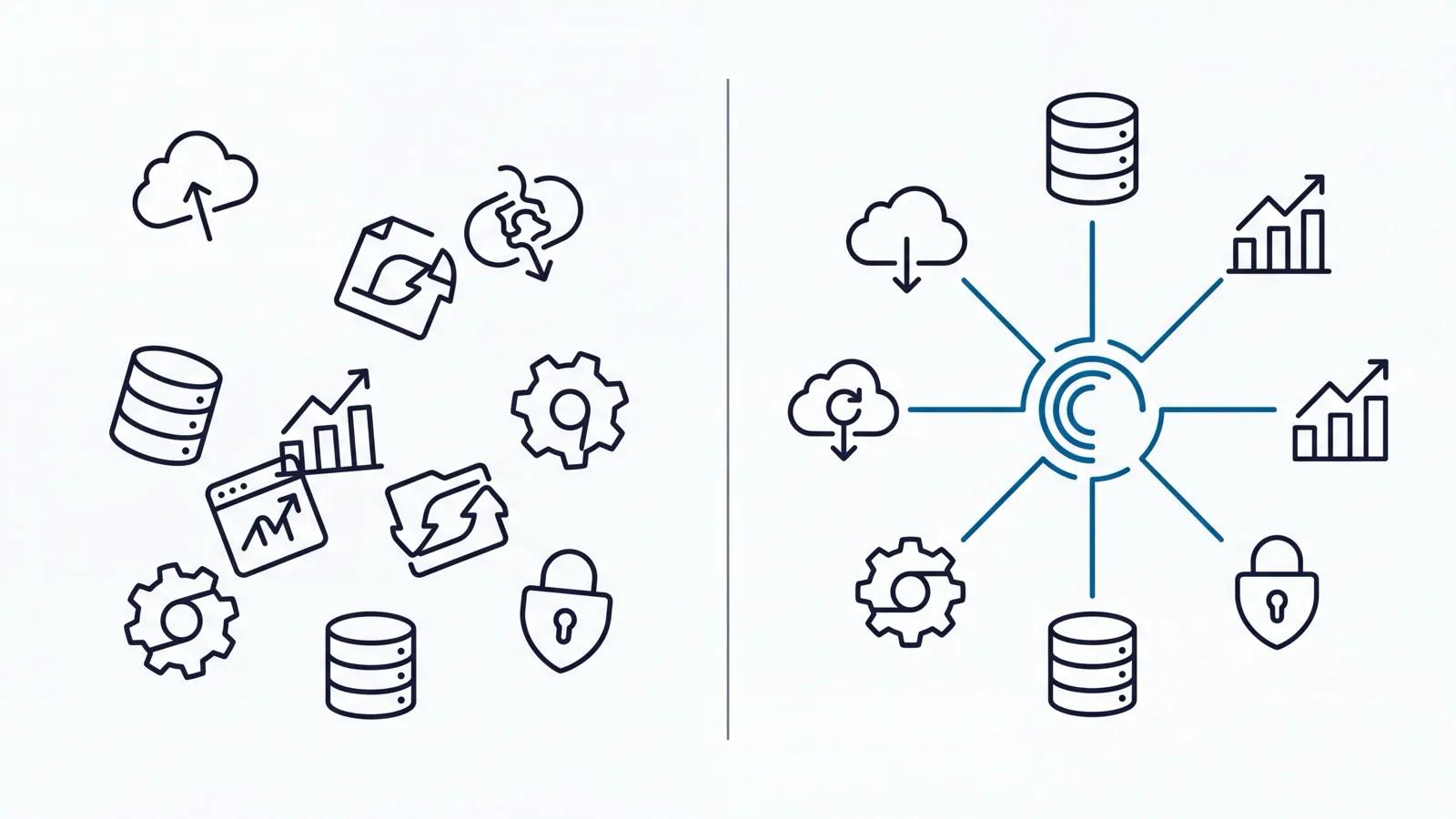 Diagram contrasting a cluttered scatter of disconnected tool icons with the same tools unified around one hub.