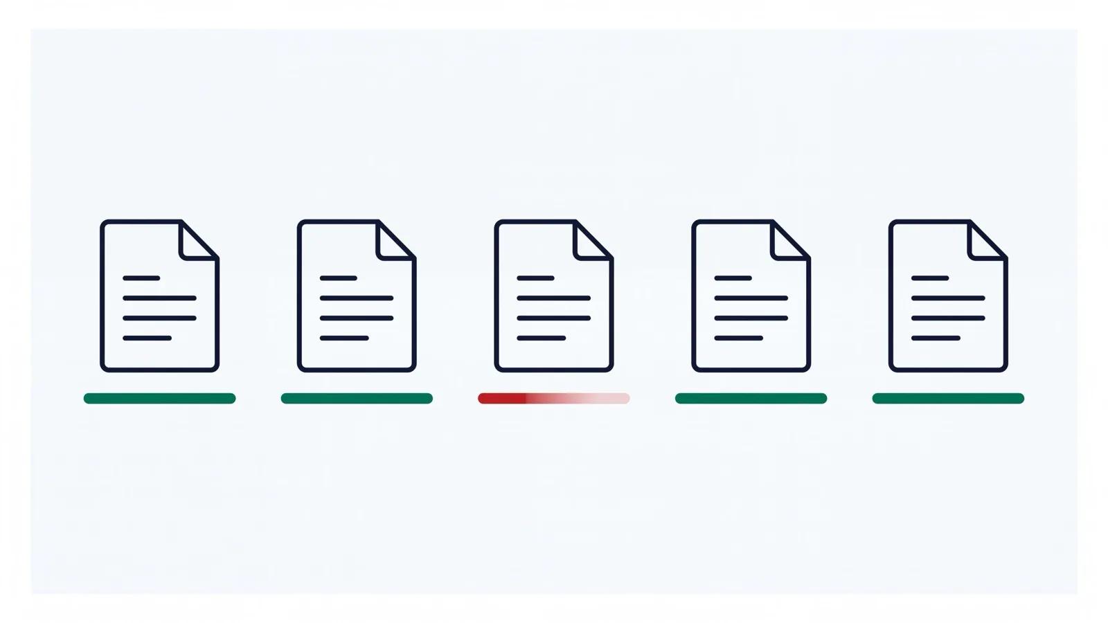 Diagram of a row of documents with green validity bars, one showing a red expired bar, representing a silently superseded standard.